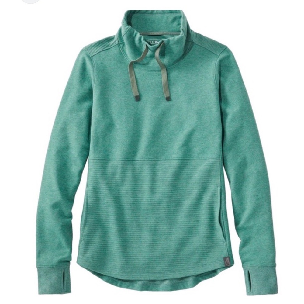 LLBean Cozy Mixed Knits Pullover Sea Green Hearher‎ Cowl Neck Thumbhole Sz M